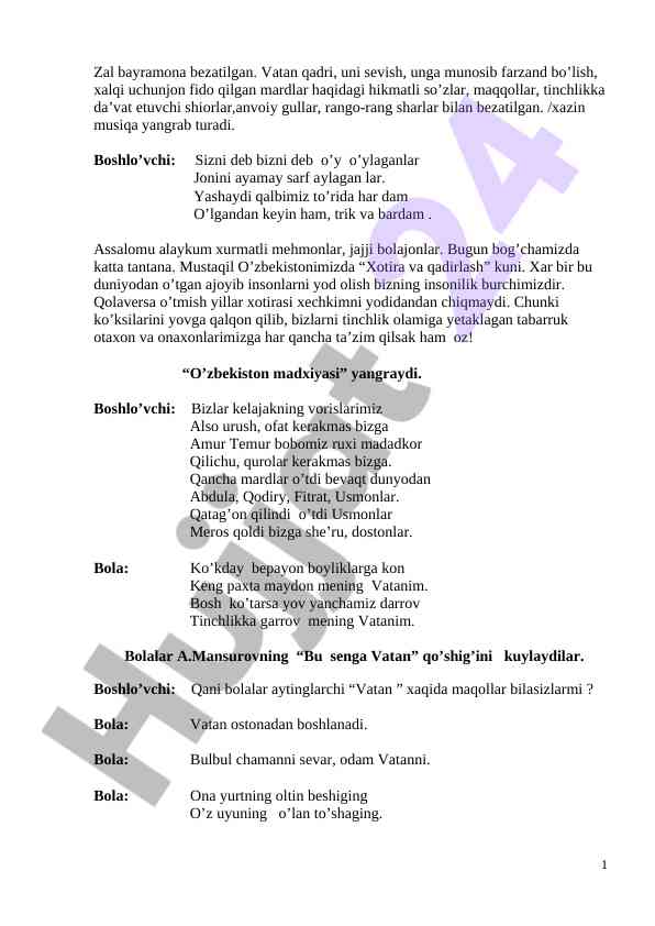 Mustaqil o'zbekistonida xotira va qadirlash kuni