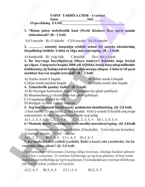 5-sinf tarbiya testlari i variant