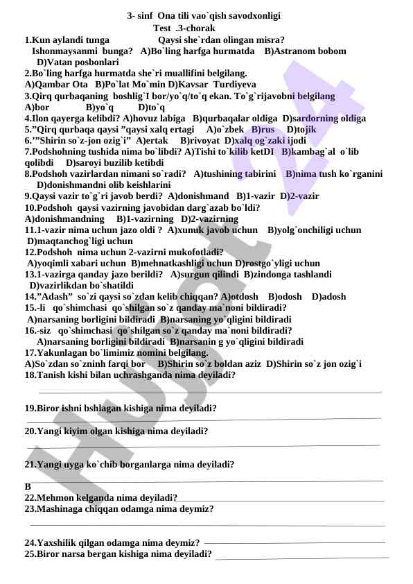 Ona tili vao`qish savodxonligi test savollari