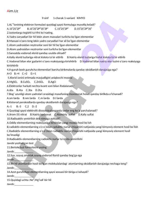 Kimyo nazariyasi test savollari