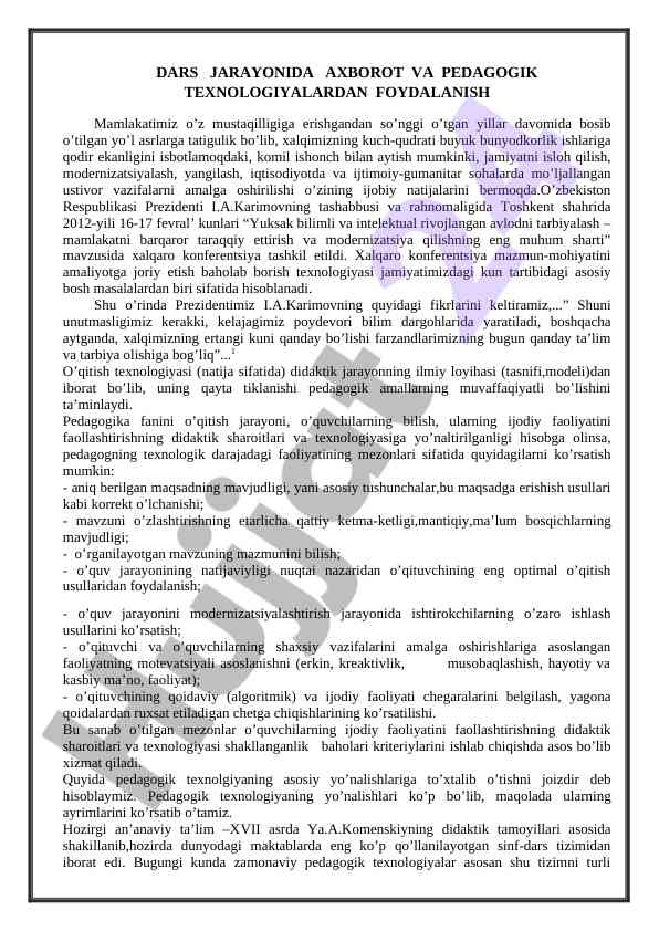 Dars jarayonida axborot va pedagogik texnologiyalar