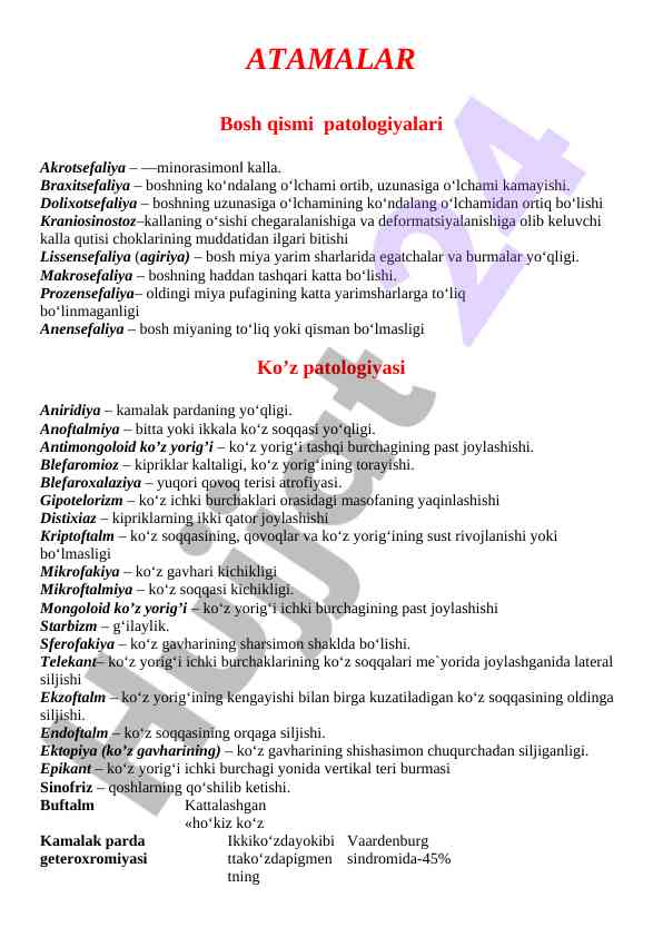 Bosh qismi patologiyalari va köz patologiyalari