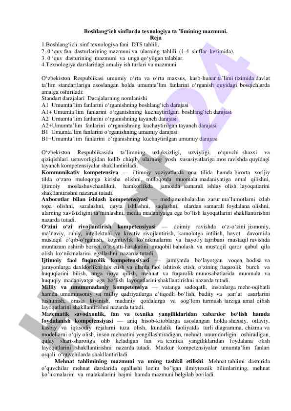 Boshlang‘ich sinflarda texnologiya ta'limi mazmuni