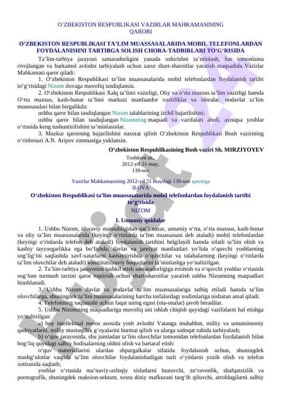 Mobil telefonlardan foydalanish tartibi to‘g‘risida qaror
