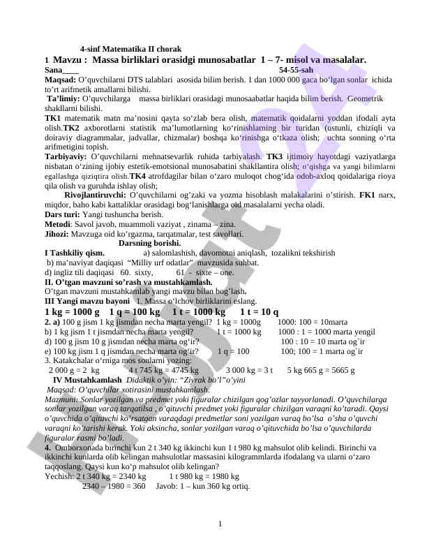 Massa birliklari orasidgi munosabatlar bilimlari