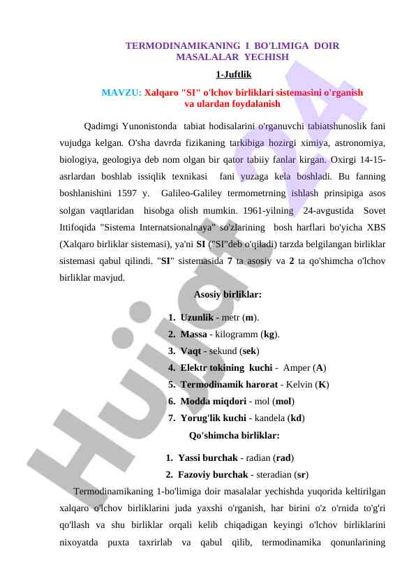 Termodinamikaga oid masalalar yechish usullari