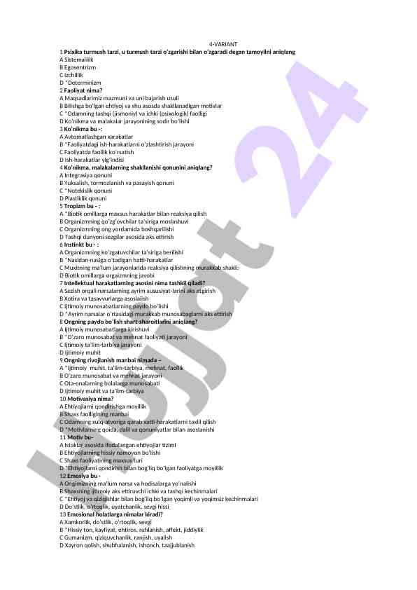 Psixika va faoliyat haqida test savollari