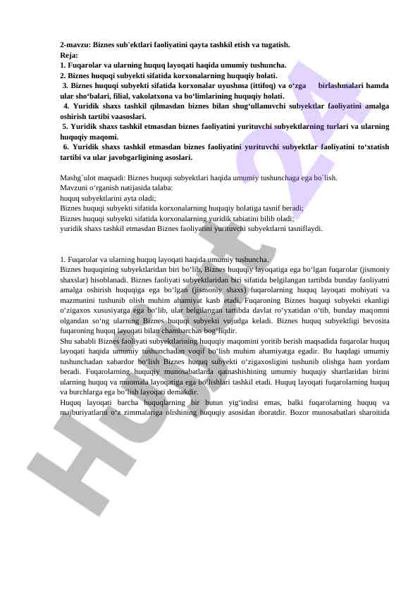 Biznes sub'ektlari faoliyatini qayta tashkil etish