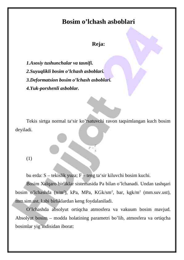 Bosim o’lchash asboblari tushunchalari va turi
