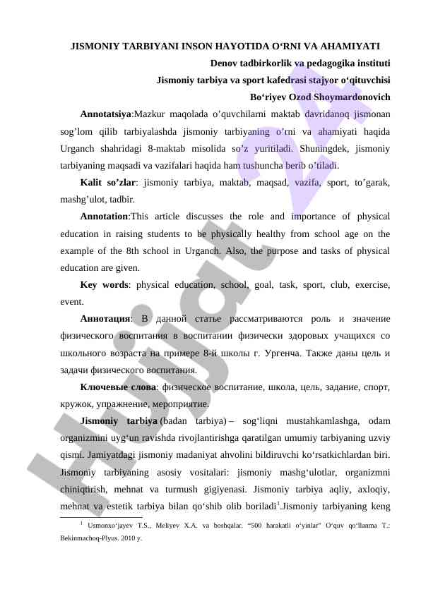 Jismoniy tarbiyaning o‘rni va ahamiyati