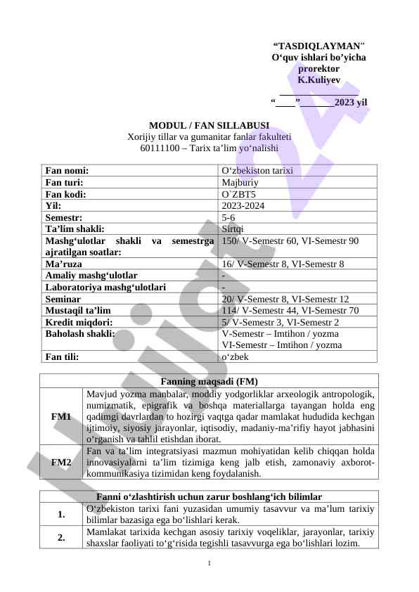 O‘zbekiston tarixi fan sillabusi 2023-2024