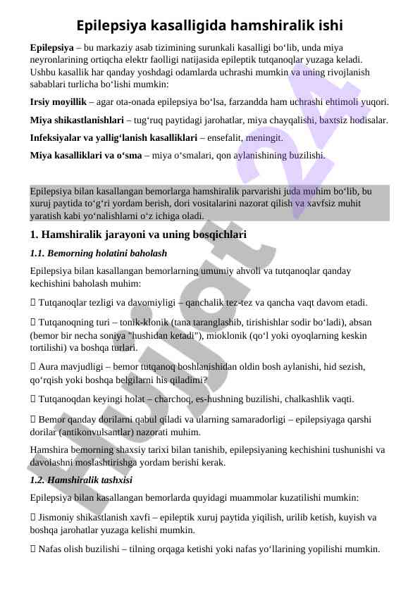 Epilepsiya kasalligida hamshiralik ishining ahamiyati