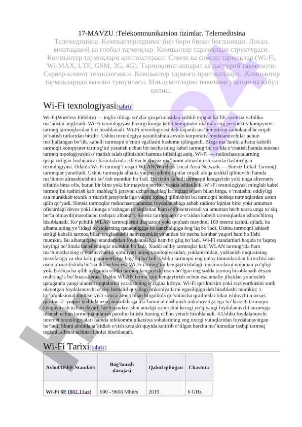 Telekommunikatsion tizimlar va wi-fi texnologiyalari