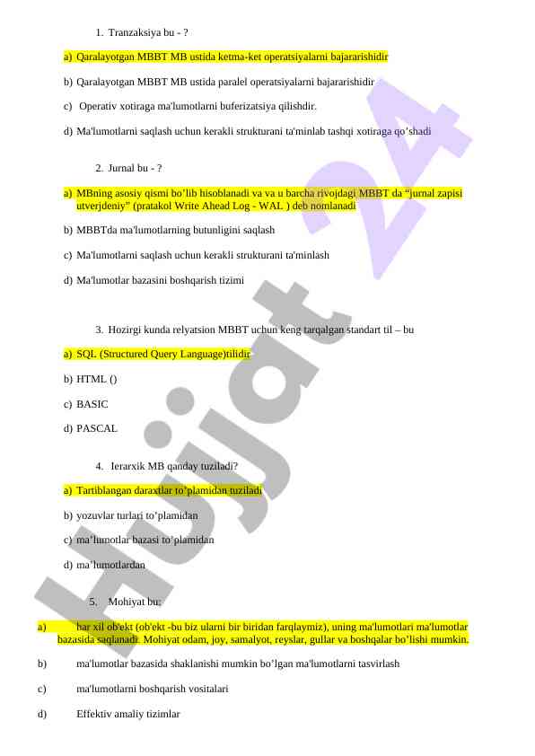 Asosiy mbbt operatsiyalarining tushunchalari