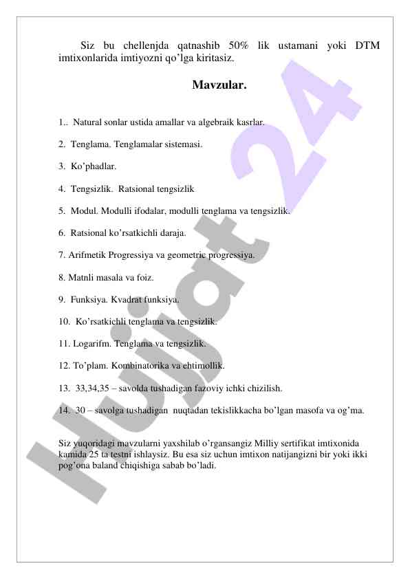 Matematika imtihonlari uchun tayyorlov testlari
