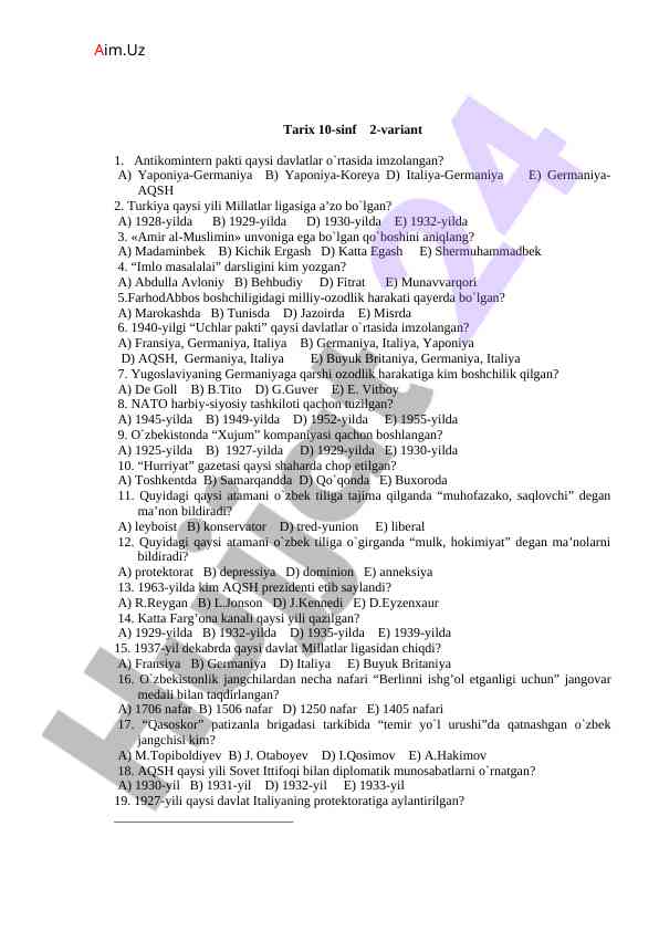 Tarix 10-sinf antikomintern pakti savollari