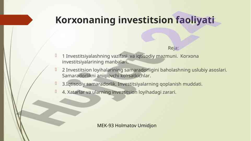 Korxonaning investitsion faoliyati tahlili
