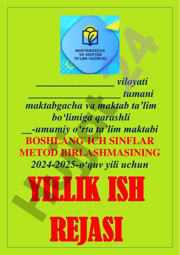 Yillik ish rejasi 2024-2025 o'quv yili uchun