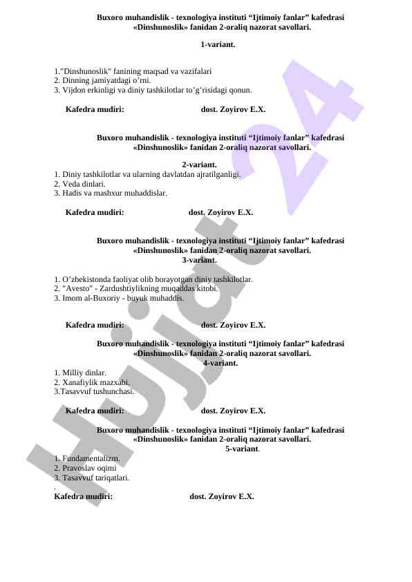 Dinshunoslik fanidan 2-oraliq nazorat savollari