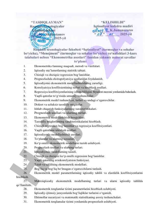 Ekonometrika fanining metodlari va muammolari