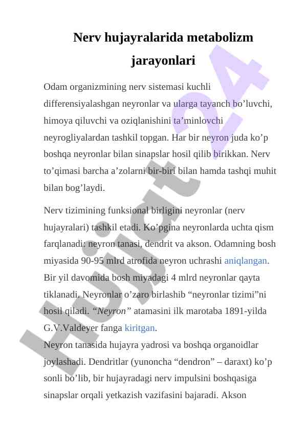 Nerv hujayralarida metabolizm jarayonlari