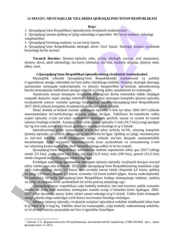 Qoraqalpog‘istonda iqtisodiy rivojlanish tendensiyalari