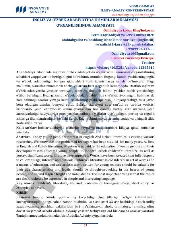 Ingliz va o'zbek adabiyotida o'smirlar muammosi