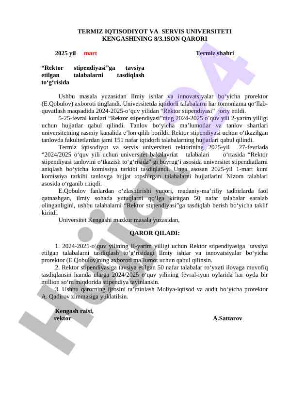 Rektor stipendiyasi tanlovi haqida ma'lumotlar