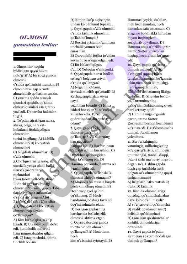Olmoshlar bo'yicha testlar va savollar