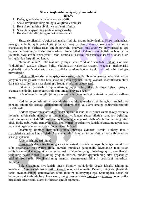 Shaxs rivojlanishi tarbiyasi va ijtimoilashuvi