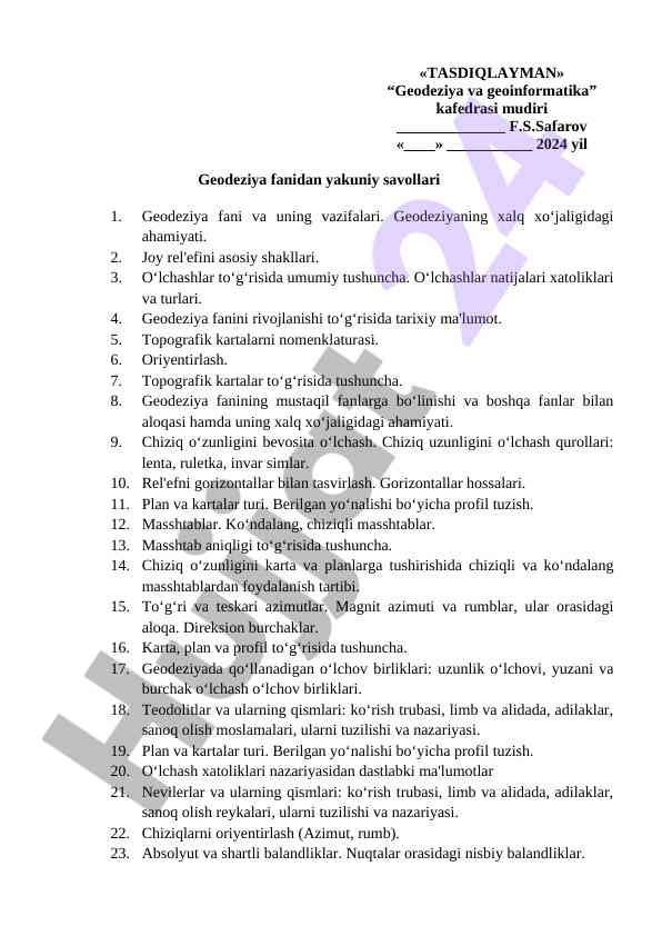 Geodeziya fani yakuniy savollar