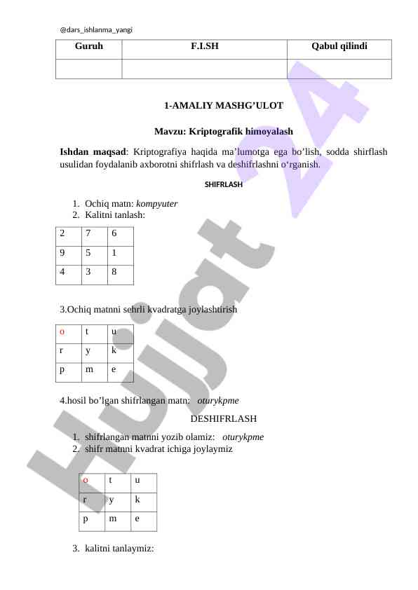 Kriptografik himoyalash va ochiq matnni shifrlash