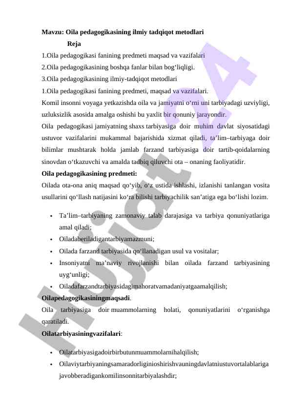 Oila pedagogikasining ilmiy tadqiqot metodlari