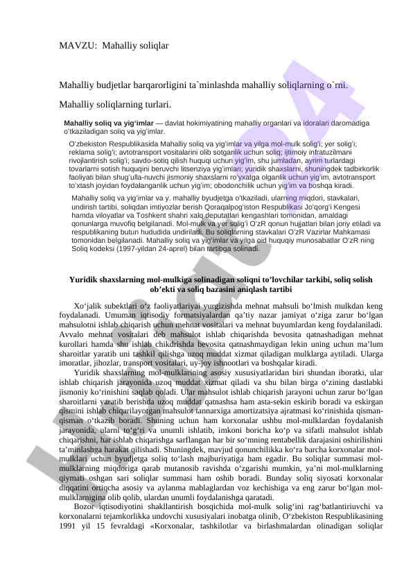 Mahalliy soliqlar va ularning budjetlarga ta'siri
