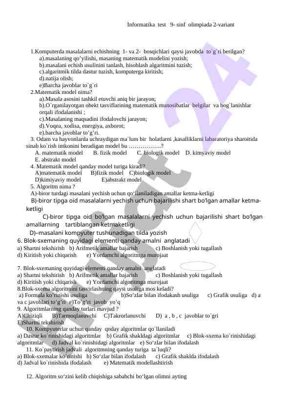 Informatika test 9-sinf olimpiada 2-variant