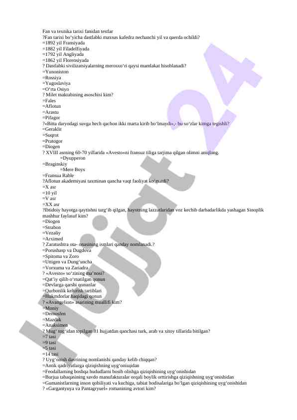 Fan va texnika tarixi fanidan testlar