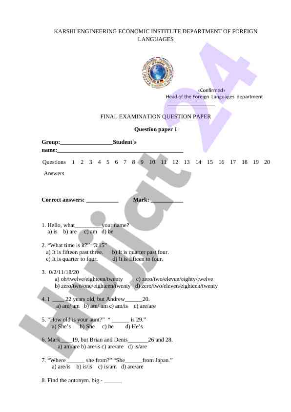 Final examination questions for english language