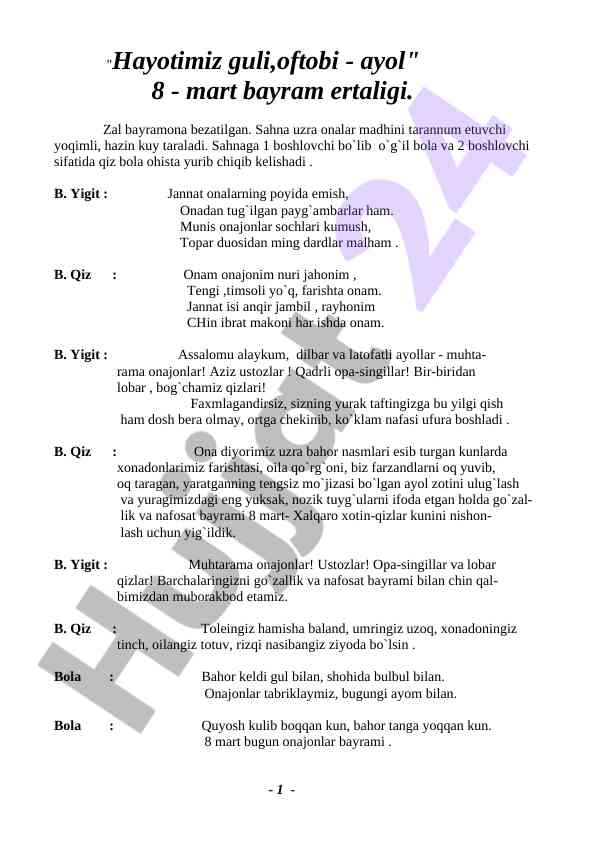 8 mart bayramida ayol zoti ulug‘lanishi
