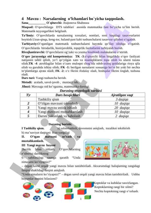 Narsalarning o’lchamlari bo’yicha taqqoslash