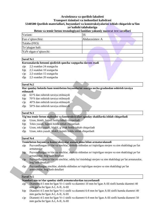 Beton va temir beton texnologiyasi test savollari