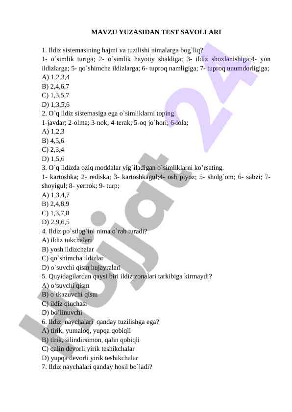 Ildiz sistemasining hajmi va tuzilishi test savollari