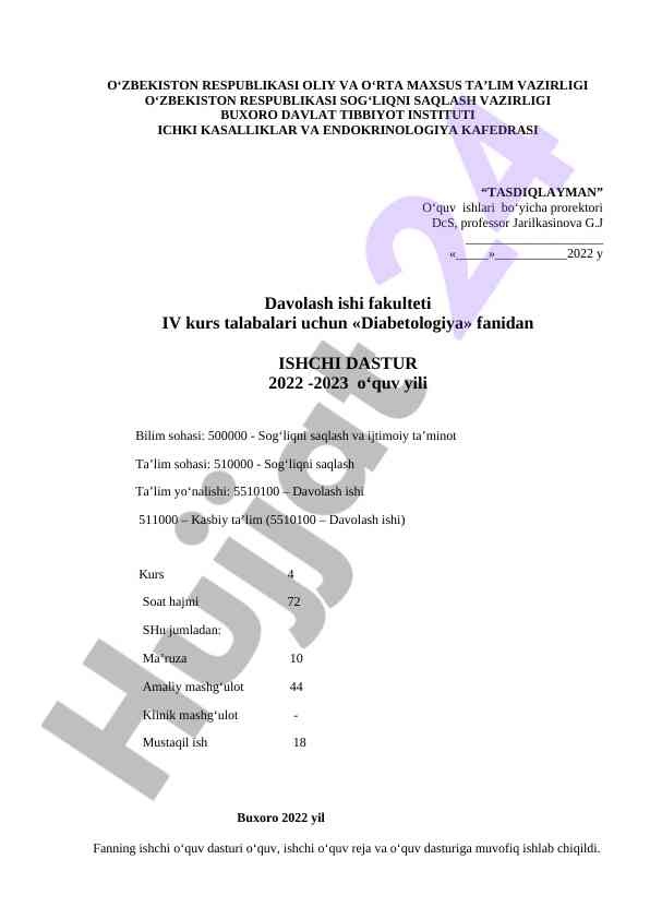 Diabetologiya fanidan o‘quv dasturi 2022-2023