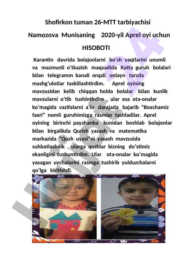 2020-yil aprel oyi uchun tarbiyachi hisoboti
