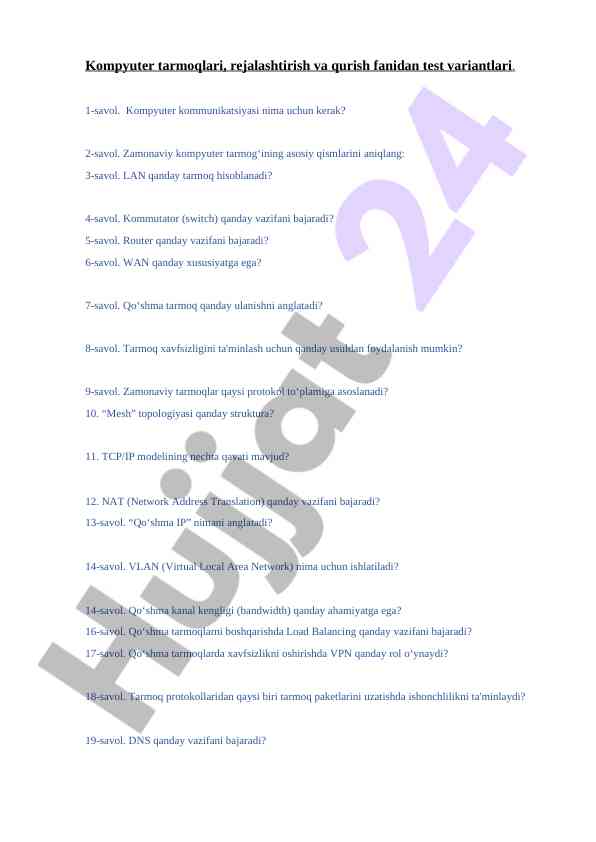 Kompyuter tarmoqlari test variantlari