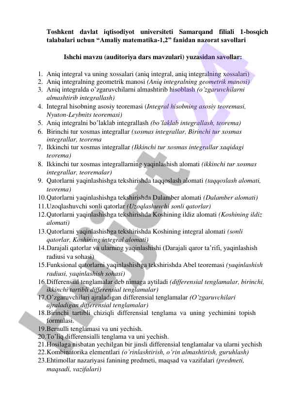 Amaliy matematika 1,2 fanidan nazorat savollari