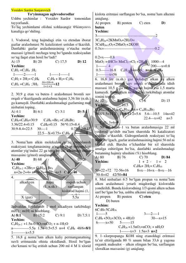 To‘yinmagan uglevodorodlar mavzusida testlar