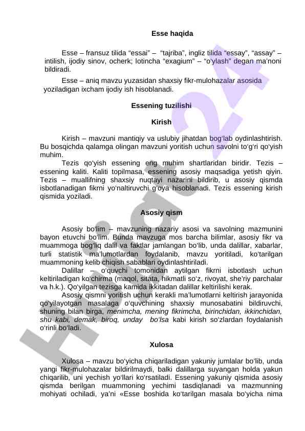 Esse tuzilishi va asosiy qismlar