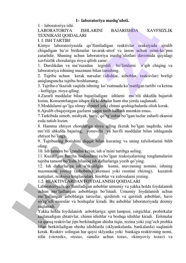 Xavfsizlik texnikasi qoidalari laboratoriya ishlarida