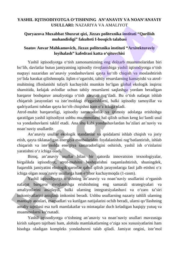 Yashil iqtisodiyotni o‘tish usullari nazariya va amaliyot