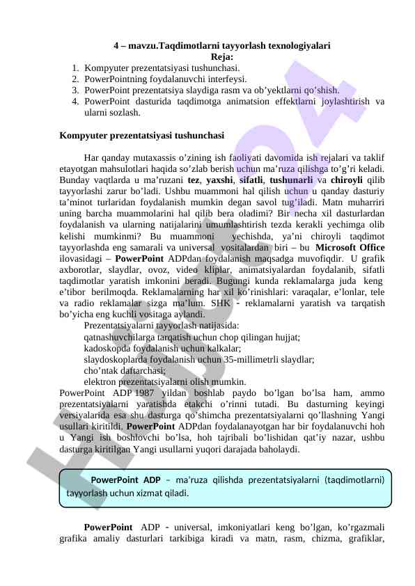 Taqdimotlarni tayyorlash texnologiyalari